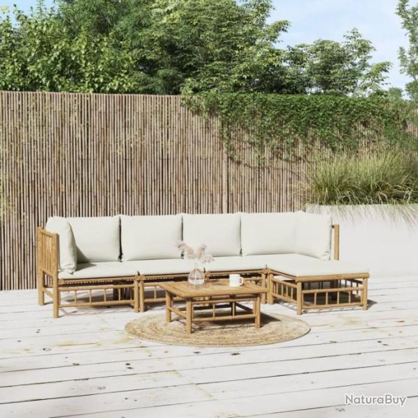 Salon de jardin 6 pcs avec coussins blanc crme bambou