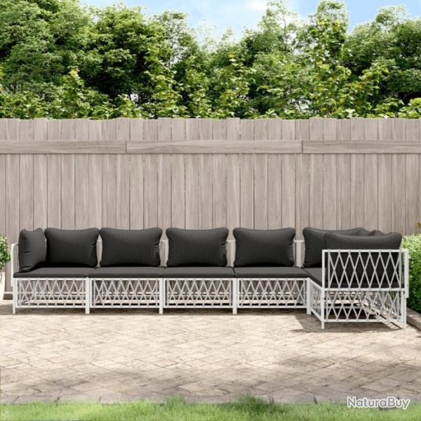 Salon de jardin avec coussins 6 pcs blanc acier