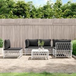 Salon de jardin avec coussins 6 pcs blanc acier