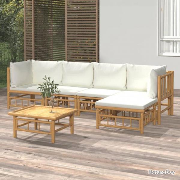 Salon de jardin 6 pcs avec coussins blanc crme bambou