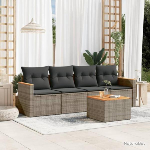 Salon de jardin 5 pcs avec coussins gris rsine tresse