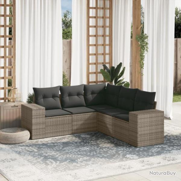 Salon de jardin 5 pcs avec coussins gris rsine tresse