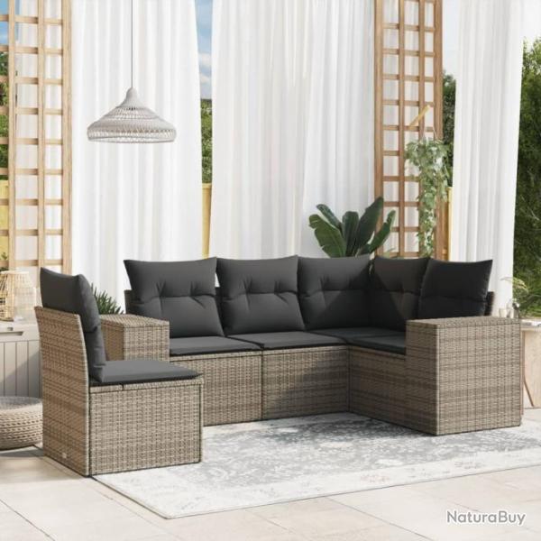 Salon de jardin 5 pcs avec coussins gris rsine tresse