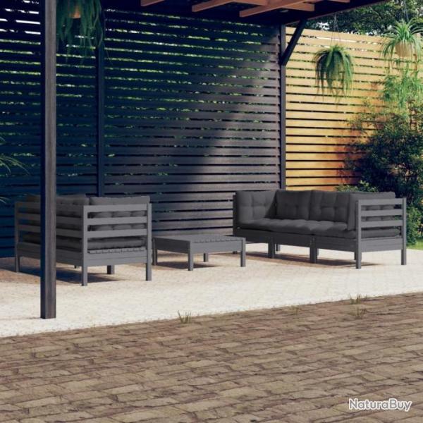 Salon de jardin 6 pcs avec coussins anthracite bois de pin