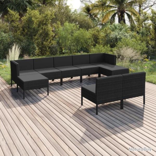 Salon de jardin 9 pcs avec coussins Rsine tresse Noir