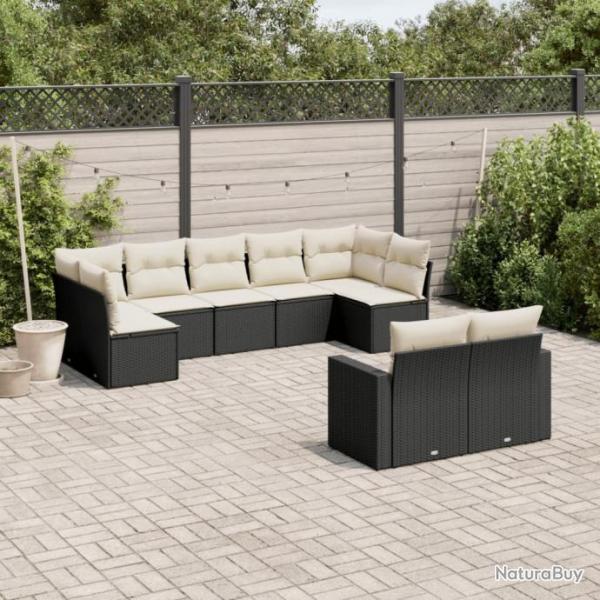 Salon de jardin 9 pcs avec coussins noir rsine tresse