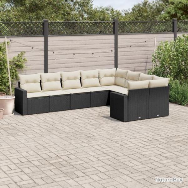 Salon de jardin 9 pcs avec coussins noir rsine tresse