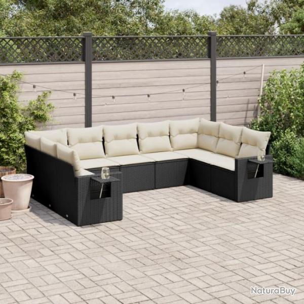 Salon de jardin 9 pcs avec coussins noir rsine tresse