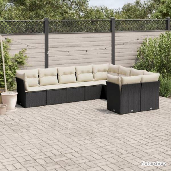 Salon de jardin 9 pcs avec coussins noir rsine tresse