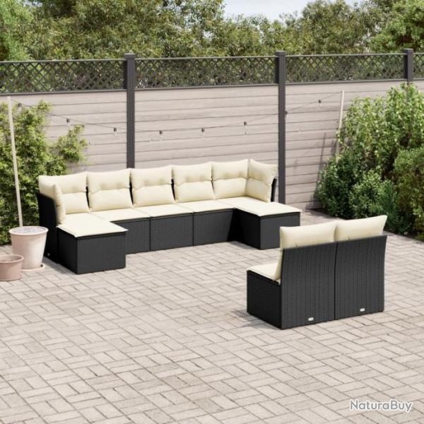 Salon de jardin 9 pcs avec coussins noir rsine tresse