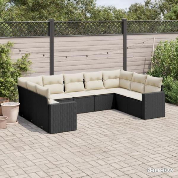 Salon de jardin 9 pcs avec coussins noir rsine tresse