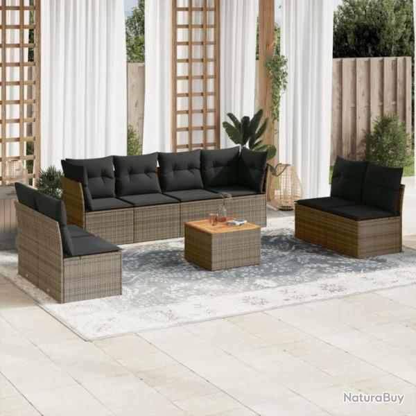 Salon de jardin 9 pcs avec coussins gris rsine tresse