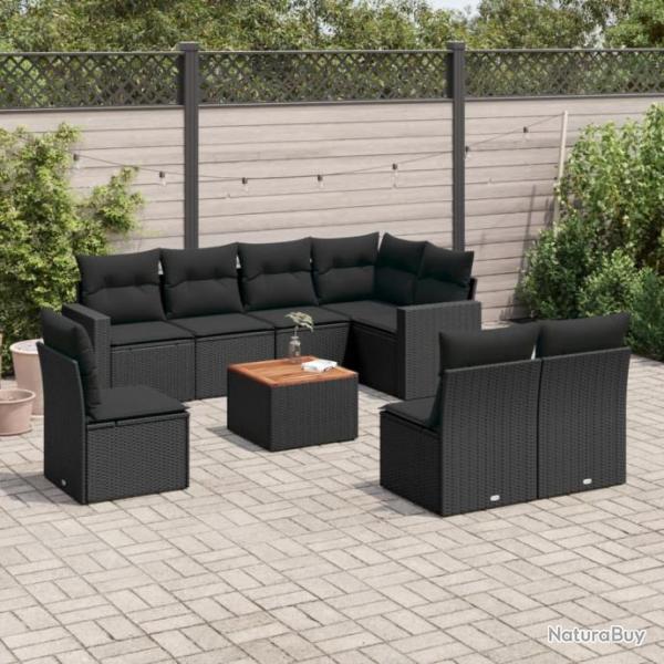 Salon de jardin 9 pcs avec coussins noir rsine tresse