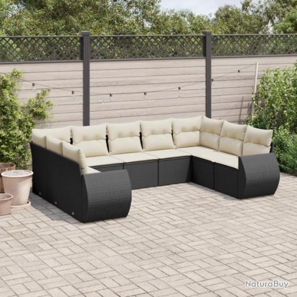 Salon de jardin 9 pcs avec coussins noir rsine tresse