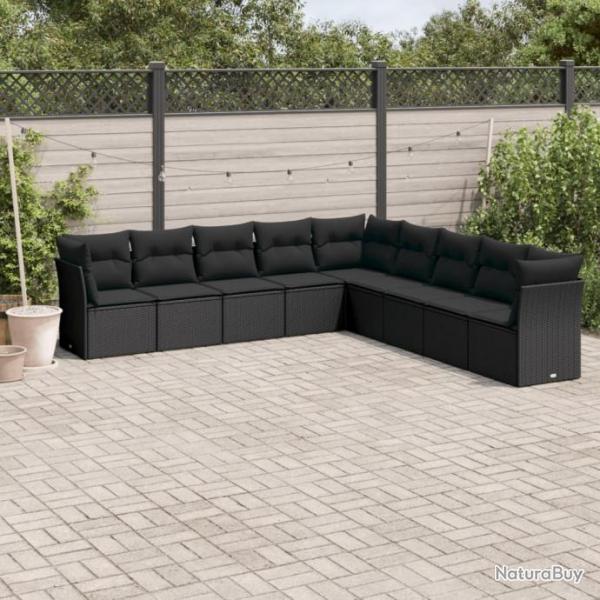 Salon de jardin 9 pcs avec coussins noir rsine tresse