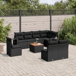 Salon de jardin 9 pcs avec coussins noir résine tressée