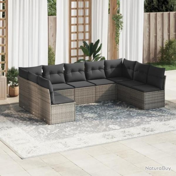 Salon de jardin 9 pcs avec coussins gris rsine tresse