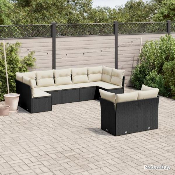 Salon de jardin 9 pcs avec coussins noir rsine tresse