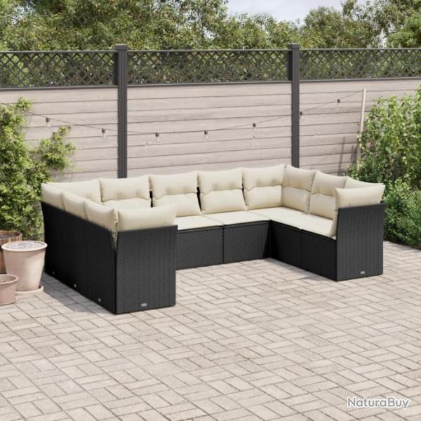 Salon de jardin 9 pcs avec coussins noir rsine tresse