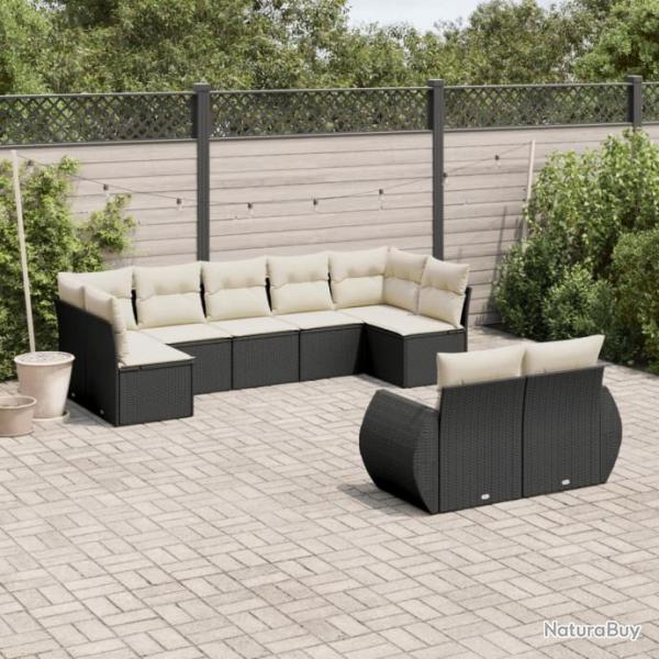 Salon de jardin 9 pcs avec coussins noir rsine tresse