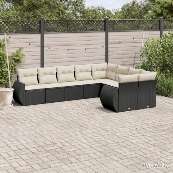 Salon de jardin 9 pcs avec coussins noir rsine tresse