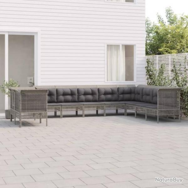 Salon de jardin 10 pcs avec coussins Gris Rsine tresse