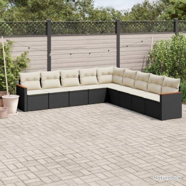 Salon de jardin 9 pcs avec coussins noir rsine tresse