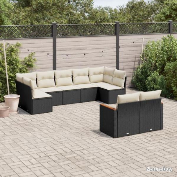 Salon de jardin 9 pcs avec coussins noir rsine tresse