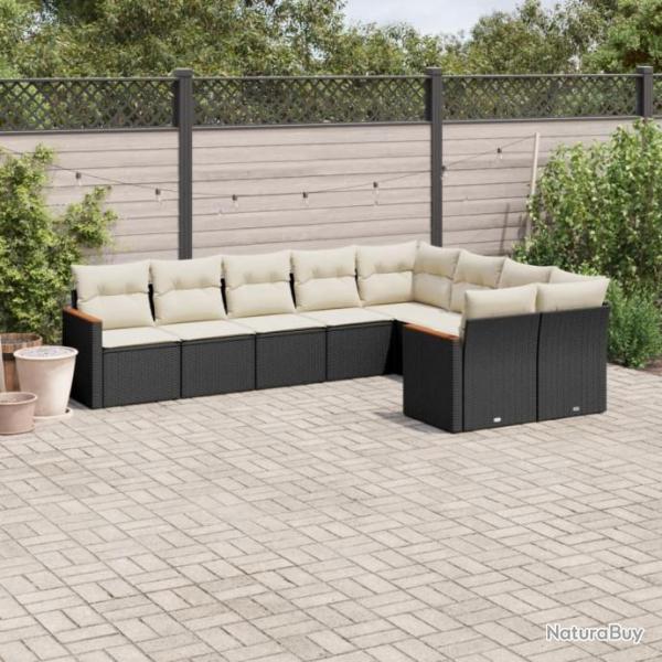 Salon de jardin 9 pcs avec coussins noir rsine tresse