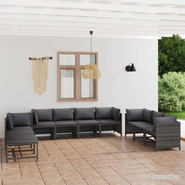 Salon de jardin 10 pcs avec coussins Rsine tresse Gris