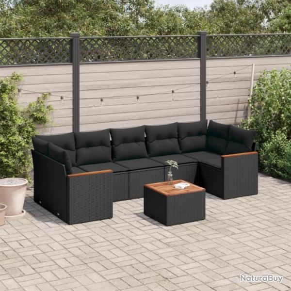 Salon de jardin 8 pcs avec coussins noir rsine tresse