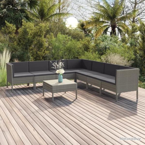 Salon de jardin 8 pcs avec coussins Rsine tresse Gris