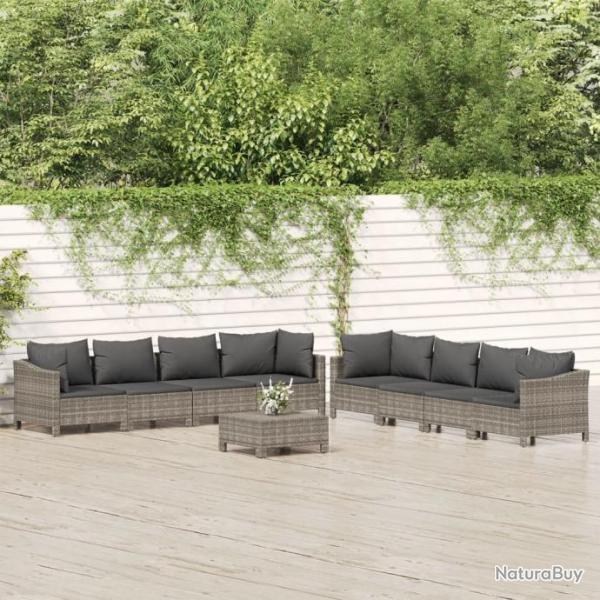 Salon de jardin 9 pcs avec coussins Gris Rsine tresse