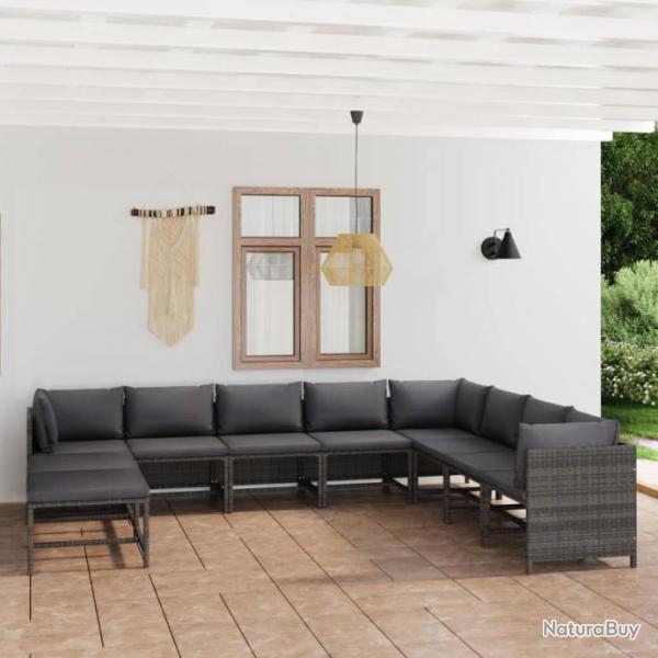 Salon de jardin 11 pcs avec coussins Rsine tresse Gris