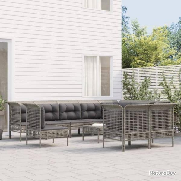 Salon de jardin 11 pcs avec coussins Gris Rsine tresse