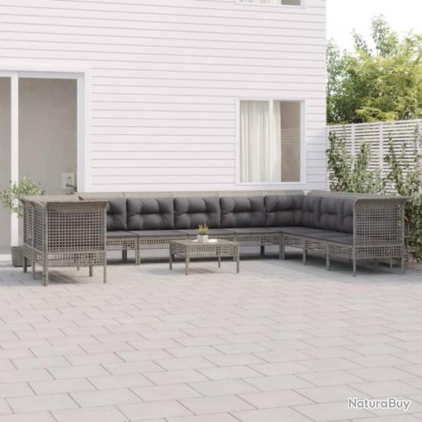 Salon de jardin 11 pcs avec coussins Gris Rsine tresse