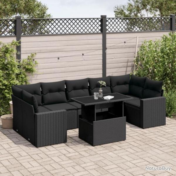 Salon de jardin 8 pcs avec coussins noir rsine tresse