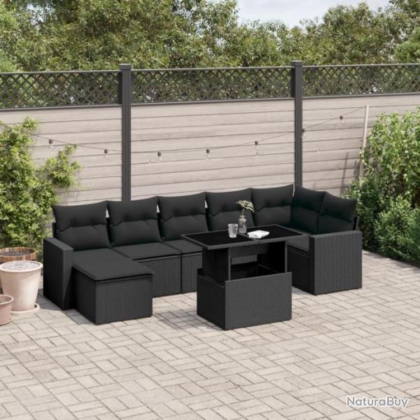 Salon de jardin 8 pcs avec coussins noir rsine tresse