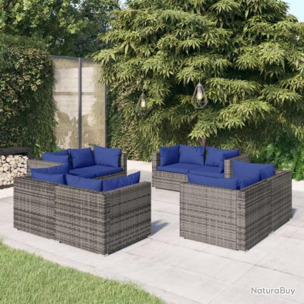 Salon de jardin 8 pcs avec coussins rsine tresse gris