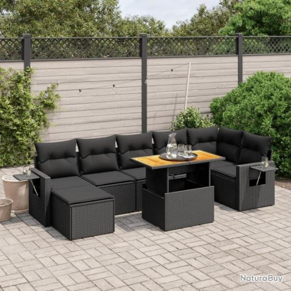 Salon de jardin 8 pcs avec coussins noir rsine tresse