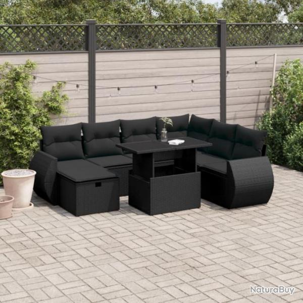 Salon de jardin 8 pcs avec coussins noir rsine tresse