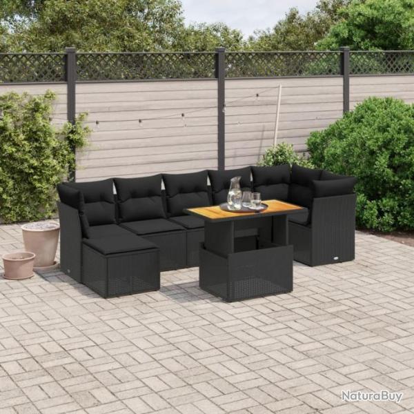 Salon de jardin 8 pcs avec coussins noir rsine tresse