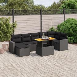 Salon de jardin 8 pcs avec coussins noir résine tressée