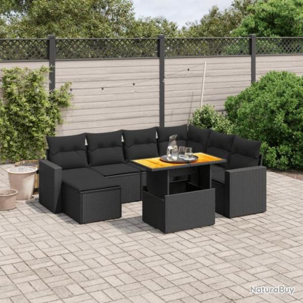 Salon de jardin 8 pcs avec coussins noir rsine tresse