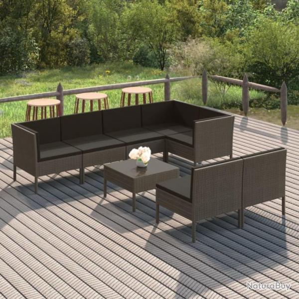 Salon de jardin 8 pcs avec coussins Rsine tresse Gris