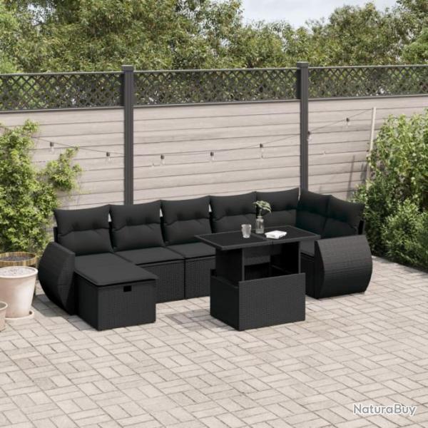 Salon de jardin 8 pcs avec coussins noir rsine tresse