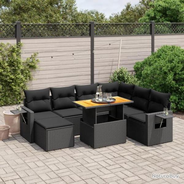 Salon de jardin 8 pcs avec coussins noir rsine tresse