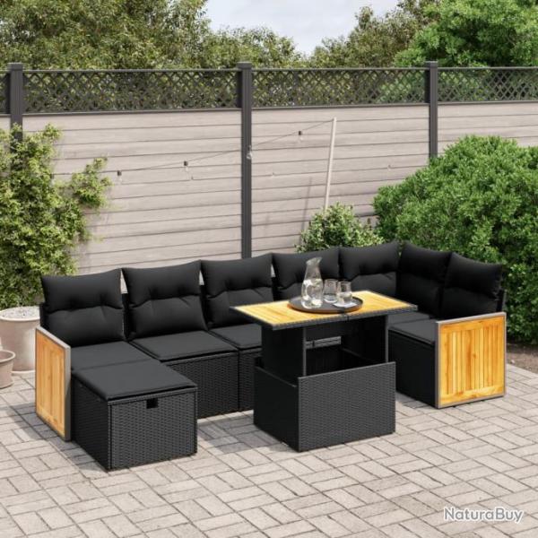 Salon de jardin 8 pcs avec coussins noir rsine tresse