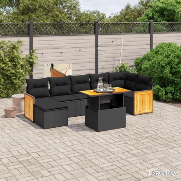 Salon de jardin 8 pcs avec coussins noir rsine tresse