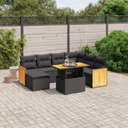 Salon de jardin 8 pcs avec coussins noir résine tressée